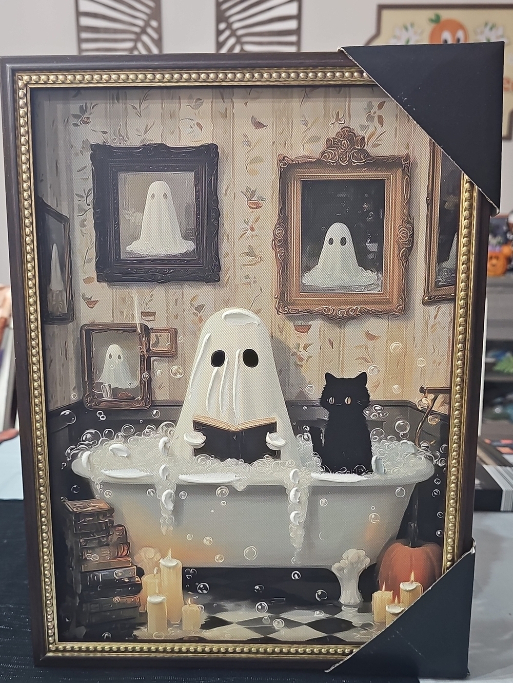 New! Halloween Ghost Cat Bathtub Framed Canvas Wall Art 12"x16"